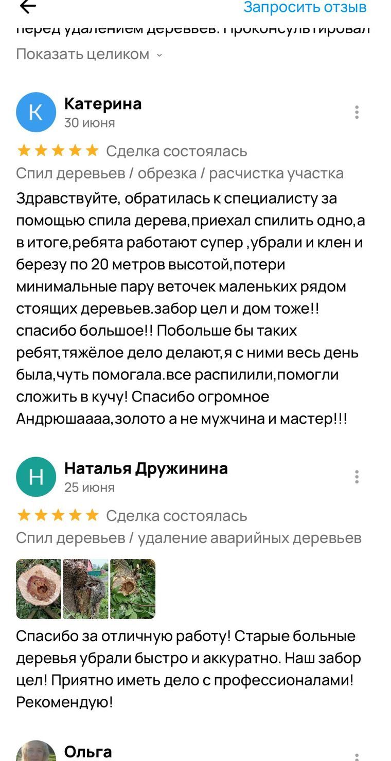 Отзыв Катерины на Авито. Убрали клён и берёзу по двадцать метров, забор и дом целы. Ниже отзыв Натальи про старые больные деревья.