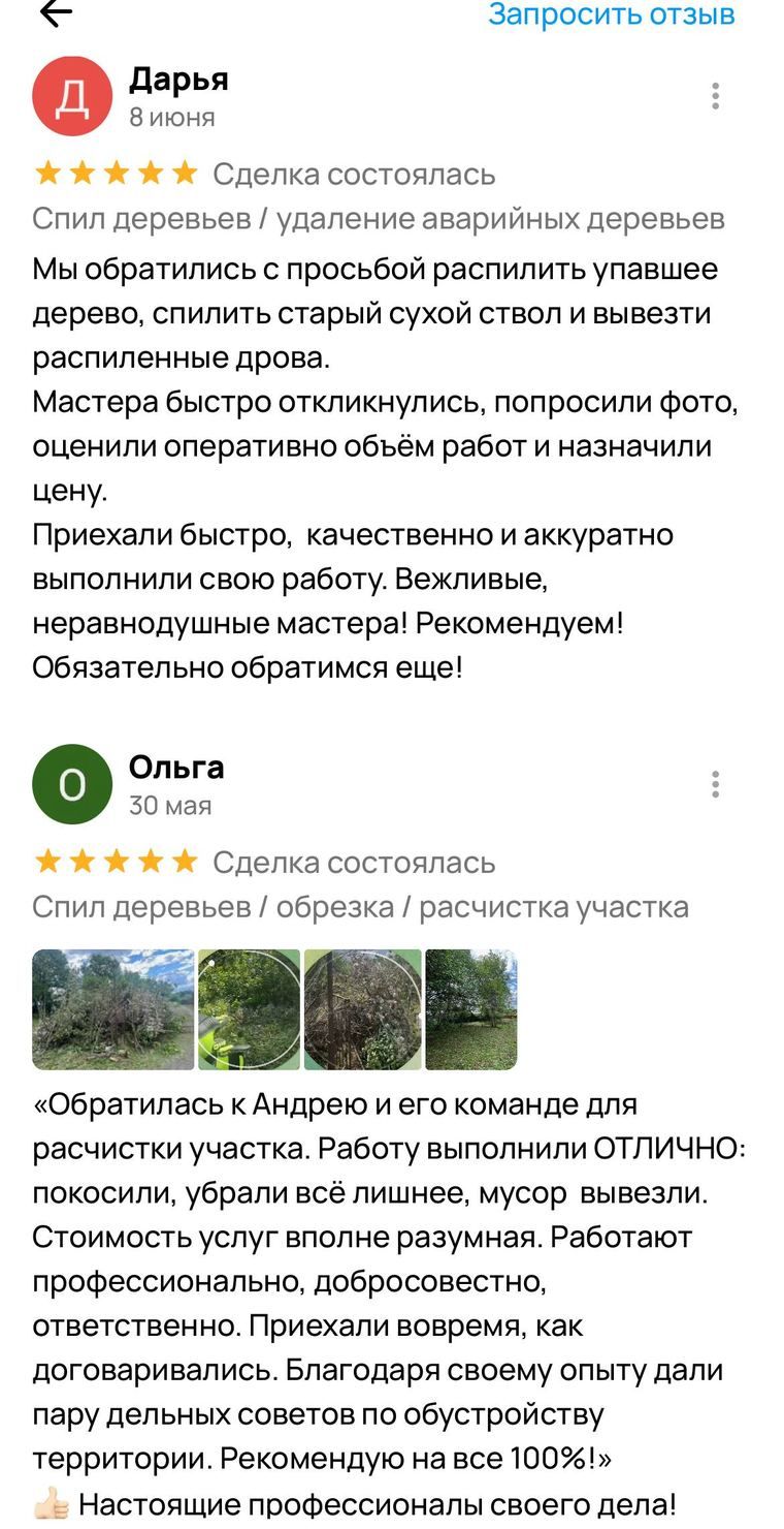 Отзыв Дарьи на Авито. Попросили фото, оценили объём и назначили цену, приехали быстро. Ниже отзыв Ольги про расчистку участка.